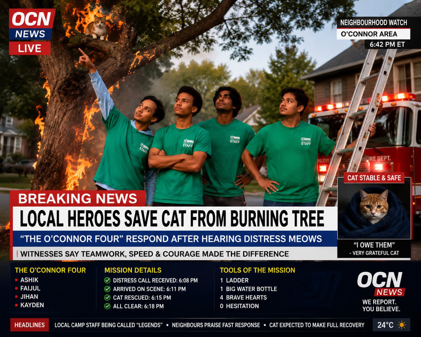 OCN News breaking coverage of The O'Connor Four rescuing a cat from a burning tree